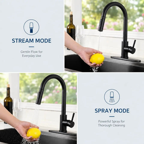 Friho Matte Black Kitchen Faucet with Pull Down Sprayer in stream mode, washing a lemon in a kitchen sink.
