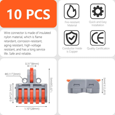 Diagram of Lever Wire Connector Kit 10 Pack For DIY Quick Push In Splicing, showing dimensions, material, and features