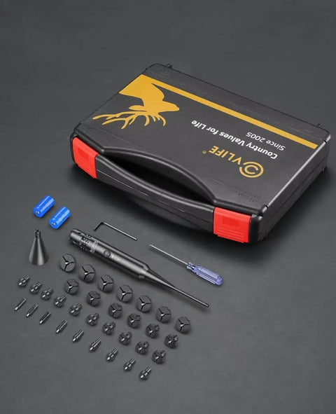 Laser Bore Sight Kit With 32 Adapters For 0.17 To 12 GA Calibers, case, screwdriver, and adapters displayed on black surface