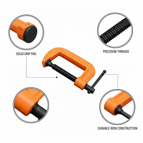 Heavy Duty Orange Iron G-Clamp For Woodworking And Diy Projects. 1 Inch Adjustable C Clamp with solid grip and precision threads.