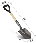Round Small Shovel With Wooden D Handle For Digging And Planting, 28 Inch Carbon Steel Garden Shovel With Rust Resistant Blade, dimensions shown