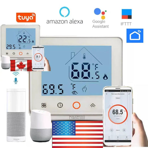 Wi Fi Smart Thermostat For Electric Baseboard Heaters 120 240V With Pro Wall Plate And Fahrenheit LCD Display, shown with Alexa and Google Home integration