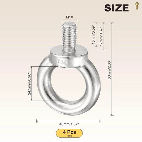 Shoulder Eye Bolt M10x17mm, 304 Stainless Steel Lifting Ring Threaded Eye Bolt, 4Pcs, Heavy Duty Rigging Gear, size diagram