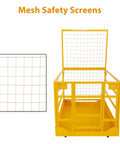 Forklift safety cage with wheels, yellow steel frame and mesh safety screens on sides and back