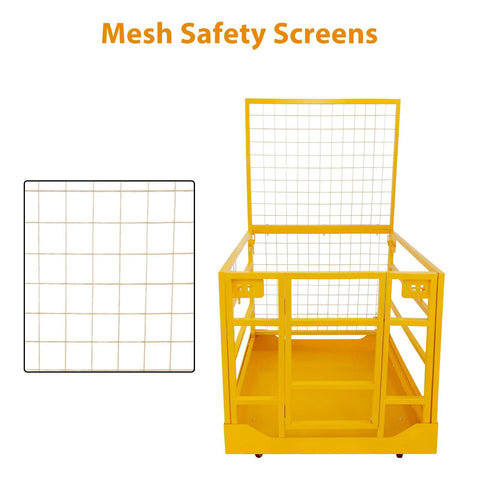 Forklift safety cage with wheels, yellow steel frame and mesh safety screens on sides and back