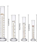 Must Have Pro Lab Glassware Kit With Thick Glass Beakers And Graduated Cylinders Pipettes Stirring Rods And Cleaning Brushes Includes Five Beakers 50Ml 100Ml 250Ml 500Ml 1000Ml Four Cylinders 10Ml 25Ml 50Ml 100Ml Three Pipettes 1Ml 2Ml 10Ml showing four graduated cylinders in varying sizes.