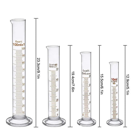 Must Have Pro Lab Glassware Kit With Thick Glass Beakers And Graduated Cylinders Pipettes Stirring Rods And Cleaning Brushes Includes Five Beakers 50Ml 100Ml 250Ml 500Ml 1000Ml Four Cylinders 10Ml 25Ml 50Ml 100Ml Three Pipettes 1Ml 2Ml 10Ml showing four graduated cylinders in varying sizes.