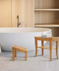 Bamboo Shower Bench With Foot Stool, 2 Tier Wood Spa Bath Organizer Seat With Underneath Storage Shelf in bathroom setting.