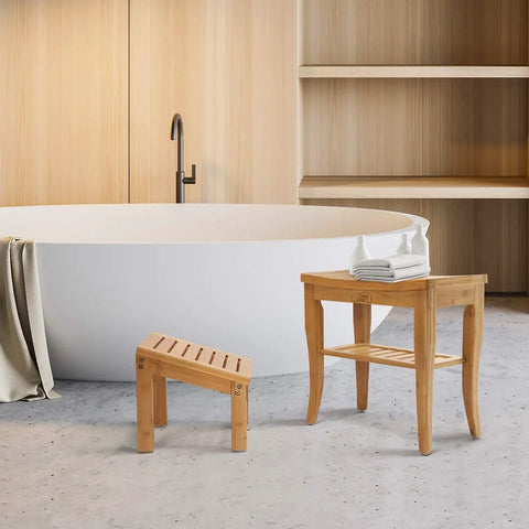 Bamboo Shower Bench With Foot Stool, 2 Tier Wood Spa Bath Organizer Seat With Underneath Storage Shelf in bathroom setting.