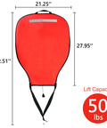 Big Neon High Visibility 50 Lb Lift Bag For Scuba Diving With Over Pressure Valve, Reflective Band, dimensions shown