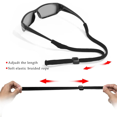 Black glasses strap with adjustable length, shown with sports sunglasses, highlighting elastic nylon/spandex material