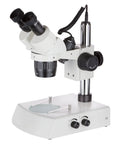 SWDG-2B13 10X-30X Super Widefield Pillar Stand Stereo Microscope With Large Field Of View And Long Working Distance Dual Halogen Illumination For Incident And Transmitted Lighting For Crisp Upright 3D Imaging In Lab Classroom And Hobby Use, white pillar stand