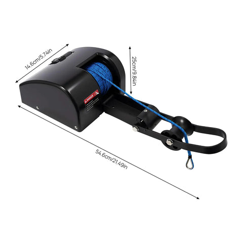 Heavy Duty 12V Marine Electric Anchor Winch With Wireless Remote For Small Boats Up To 24ft Includes Rope And Roller showing black winch with blue rope.