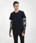 Cyborg Arm Sleeves For Men And Women Cool Stretchy Compression Sleeve For Cycling Golf Running And Fishing on a model in black shirt.
