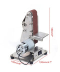 Compact Mini Electric Belt Sander And Polisher For Wood And Metal, stainless steel frame, 180mm height, designed for precision finishing.