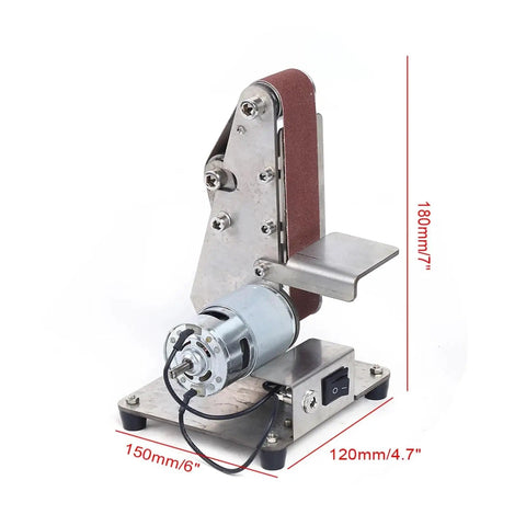 Compact Mini Electric Belt Sander And Polisher For Wood And Metal, stainless steel frame, 180mm height, designed for precision finishing.