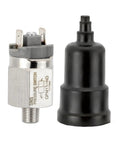 Air Compressor Pressure Switch With Adjustable Settings Stainless Steel Body One Eighth Inch PT Thread Normally Open Compact Easy Install For Air And Water Systems next to a black protective cover.