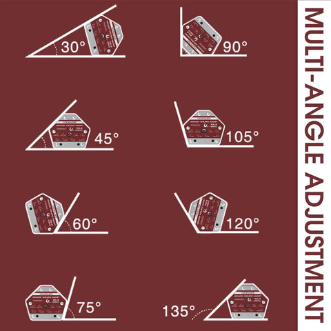 Multi-angle welding magnets with adjustable angles from 30 to 135 degrees for precise fixturing and tacking in metal fabrication.