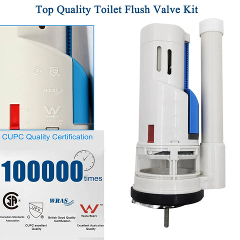 Two Inch Toilet Flush Valve Assembly For Most One Piece Toilets With Top Push Button Universal Fit, white and blue kit