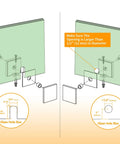 Installation guide for Solid Chrome Shower Glass Clamp, showing glass hole sizes and mounting instructions for frameless panels.