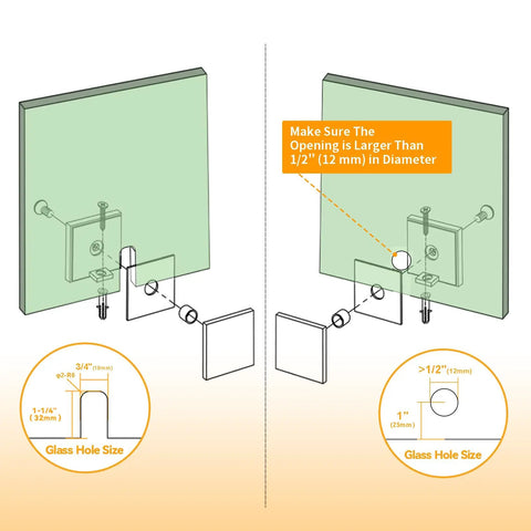 Installation guide for Solid Chrome Shower Glass Clamp, showing glass hole sizes and mounting instructions for frameless panels.