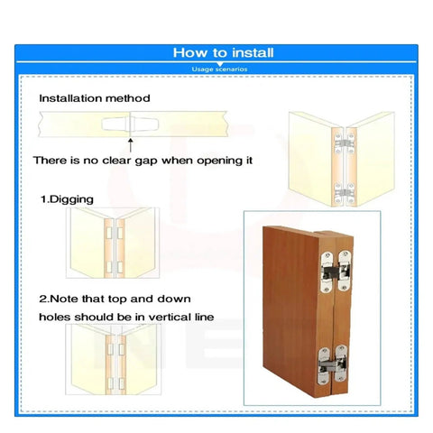 Installation guide for Rotating Concealed Cabinet Hinges Set 2 Pieces 12x43mm Hidden Hinge with Silent Close on wooden panel.