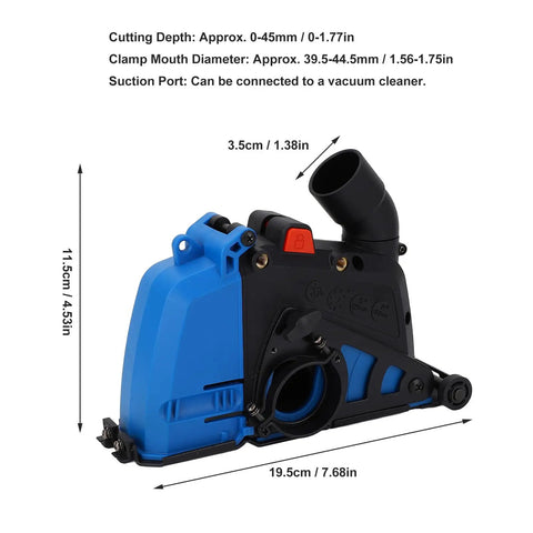Heavy Duty Angle Grinder Dust Collecting Guard with dimensions, adjustable depth 0-45mm, universal fit for 4-5 inch tools.