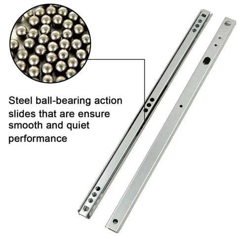 17mm Wide Mini Drawer Slides Two Way Pull Out Rails with steel ball-bearings for smooth glide, image of metal hardware and bearings