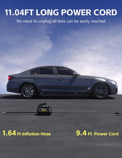 Portable Tire Inflator Air Pump for Cars Trucks SUVs Motorcycles and Bicycles with 12V DC Power 9.84 Ft Cord next to car