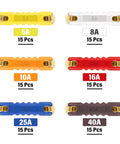 Heavy Duty Torpedo Fuse Kit For Gnarly Vintage Rigs And Classic Muscle Cars 5A 8A 10A 16A 25A 40A assorted fuses in bright colors.