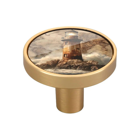 Lighthouse Vintage Cabinet Knob Set 4 Pack with fashion pull handles, gold print on acrylic backing, close-up view.