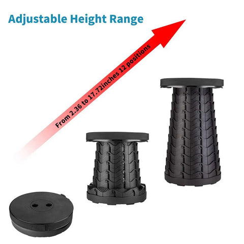 Heavy Duty Folding Stool Portable And Lightweight Yet Extra Sturdy With 400lbs Load Capacity For Camping Fishing Hiking BBQ Black Collapsible Seat Built For Outdoors showing adjustable height from 2.36 to 17.72 inches