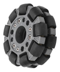 Amazon 100mm double omni-directional plastic wheel with grey hub and black rollers for racing robots, front view