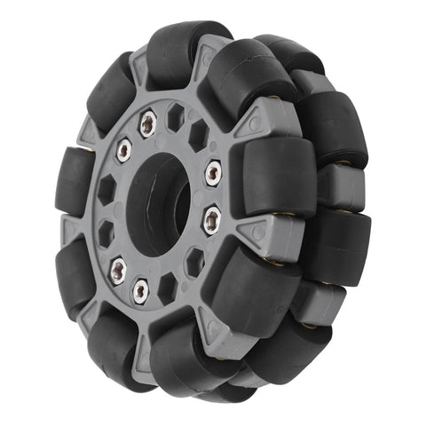 Amazon 100mm double omni-directional plastic wheel with grey hub and black rollers for racing robots, front view