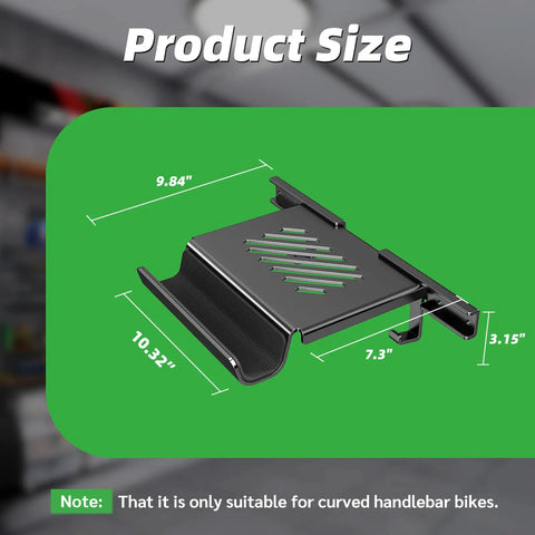 Dimensions of space-saving bike wall mount rack with shelf and hooks for helmet, shoes, and gear, garage-ready storage indoors.