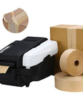 Automatic Electric Water Activated Tape Dispenser High Speed Gummed Paper Tape Machine With Precision Cutter, rolls of kraft tape and sealed boxes.