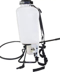 Side view of 4 Gallon Backpack Sprayer for Lawn and Garden with translucent tank, wide mouth, padded shoulder straps, and poly cone nozzle.