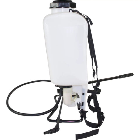 Side view of 4 Gallon Backpack Sprayer for Lawn and Garden with translucent tank, wide mouth, padded shoulder straps, and poly cone nozzle.