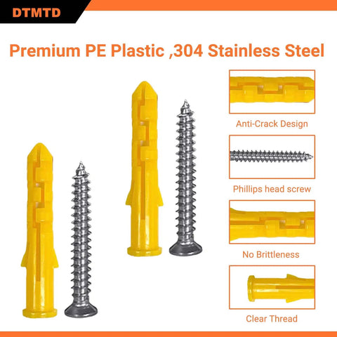 Wall Anchor Kit With 100 Ribbed PE Anchors And 100 304 Stainless Steel Screws For Hollow Brick Porous Concrete And Aerated Block Mounting