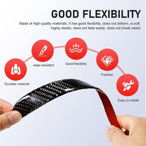 Custom Side Fender Trim For Tesla Cybertruck 2024 2025 2026 Seamless Door To Fender Accent Guard held showing flexibility and elastic material.