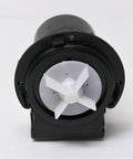 Beefed Up Washer Drain Pump Assembly Replacement, black plastic 120V 8.5W washer drain pump, front view