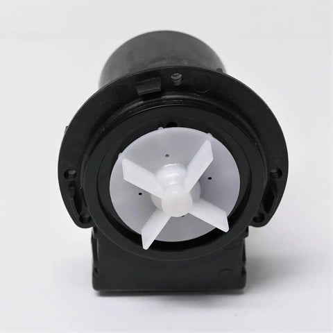 Beefed Up Washer Drain Pump Assembly Replacement, black plastic 120V 8.5W washer drain pump, front view