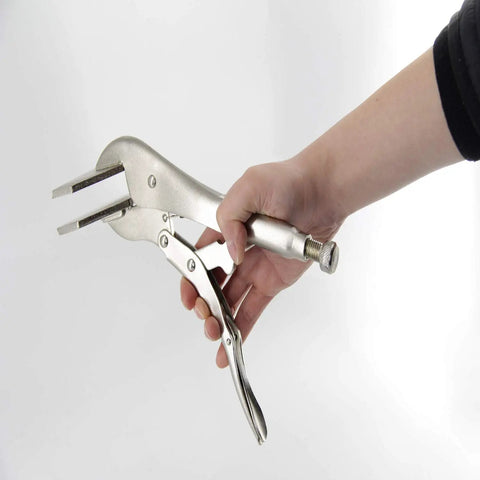 Hand holding 10 Inch Locking Sheet Metal Clamp With Adjustable Tension Heavy Duty Pro Grade Grip Tool With Two Flat Tips