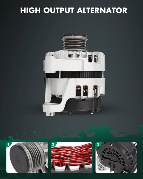 High Output 12V 130Amp Car Alternator With CW Pulley SC6 Drop-In Replacement For Chevrolet Cruze 2011 Trax 2015 2016 Buick Encore 2013 2016 1.4L Engine OEM 11399 AVA0132 Compatible, side view showing details of alternator components.
