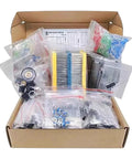 Mega 1900 Piece Electronic Component Kit With Assortment of Capacitors Resistors LEDs Transistors DC Jacks PCBs and Op Amps for Do It Yourself Electronics Projects 2026 Edition Perfect for Hobbyists and Makers displayed in open box