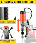 Heavy Duty 1200W Magnetic Drill Press Rock Solid Electric Mag Bench Tapping Rig showing aluminum alloy double dovetail guide for stability.