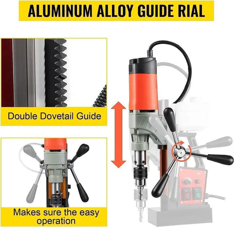 Heavy Duty 1200W Magnetic Drill Press Rock Solid Electric Mag Bench Tapping Rig showing aluminum alloy double dovetail guide for stability.