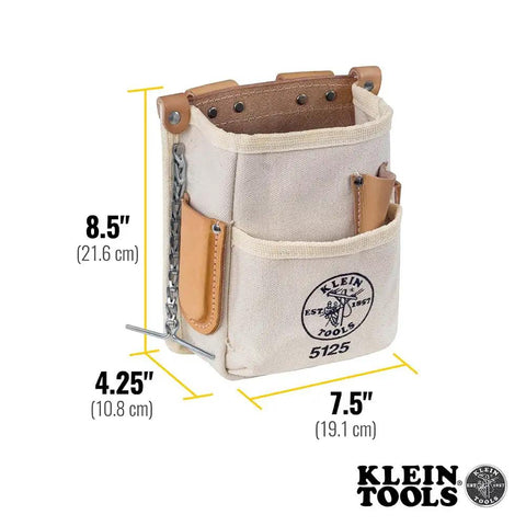 Canvas And Leather 5 Pocket Tool Pouch With Chain Tape Thong And Tunnel Belt Connection Beige For Pros And DIYers