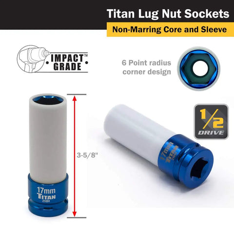 4-Piece 1/2-Inch Drive Non Marring Impact Deep Lug Nut Socket Set, 17mm shown, Chrome Moly Steel, non-marring core and sleeve
