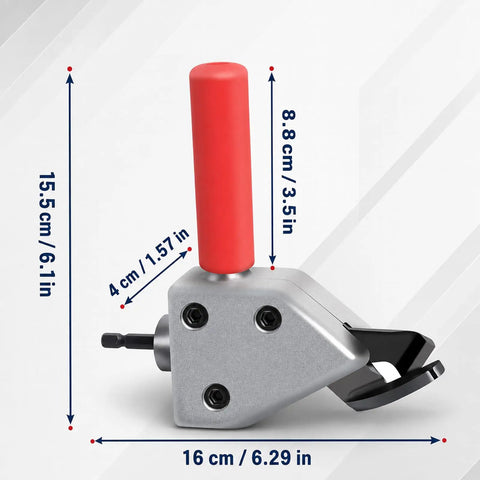 Power Sheet Metal Shear Drill Attachment Metal Cutter Head For 12 Volt Drills with red handle, dimensions 15.5cm x 16cm.